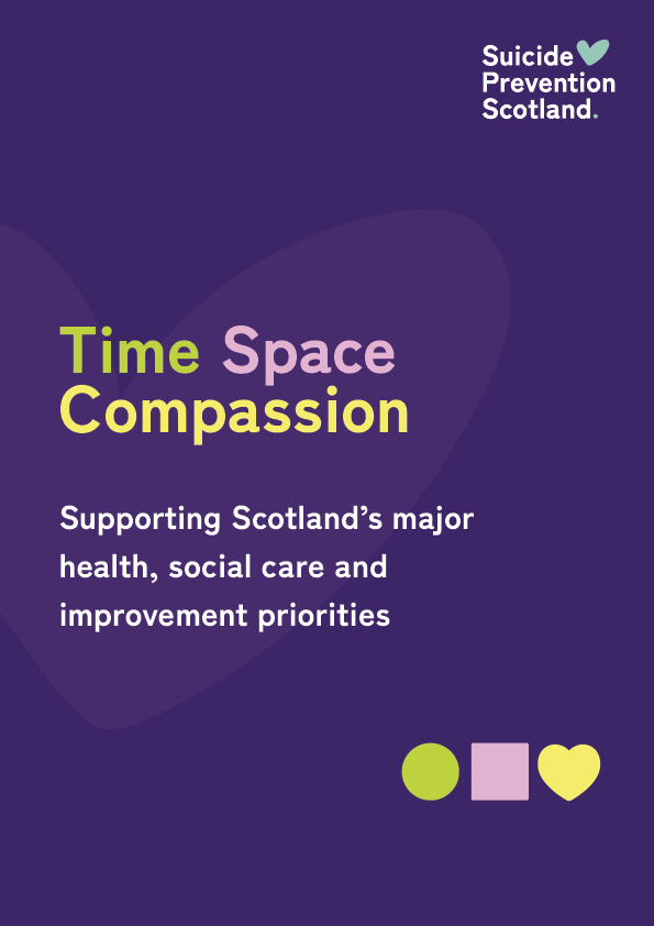 cover for Time Space Compassion publication - purple background with a watermarked heart